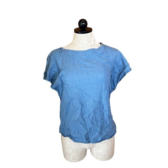Massimo Dutti Blouse Pullover Top Flutter Sleeve Keyhole Chambray Blue Size 2 - Picture 1 of 8